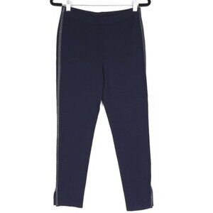 ST. JOHN Pants WOOL Blend Size 6 LEATHER Side‎ TRIM Knitted in USA🇺🇸 Navy Slit